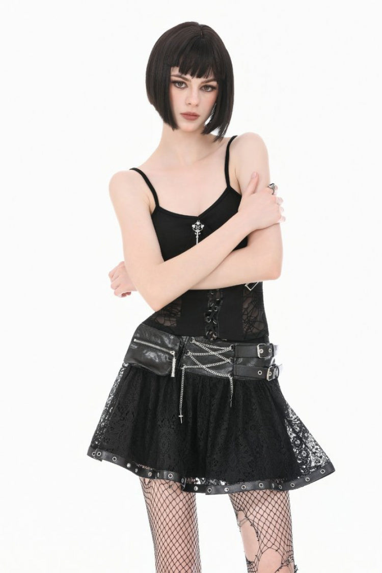 Gothic Mini Skirt with Chain Eyelet Buckled Straps Lace