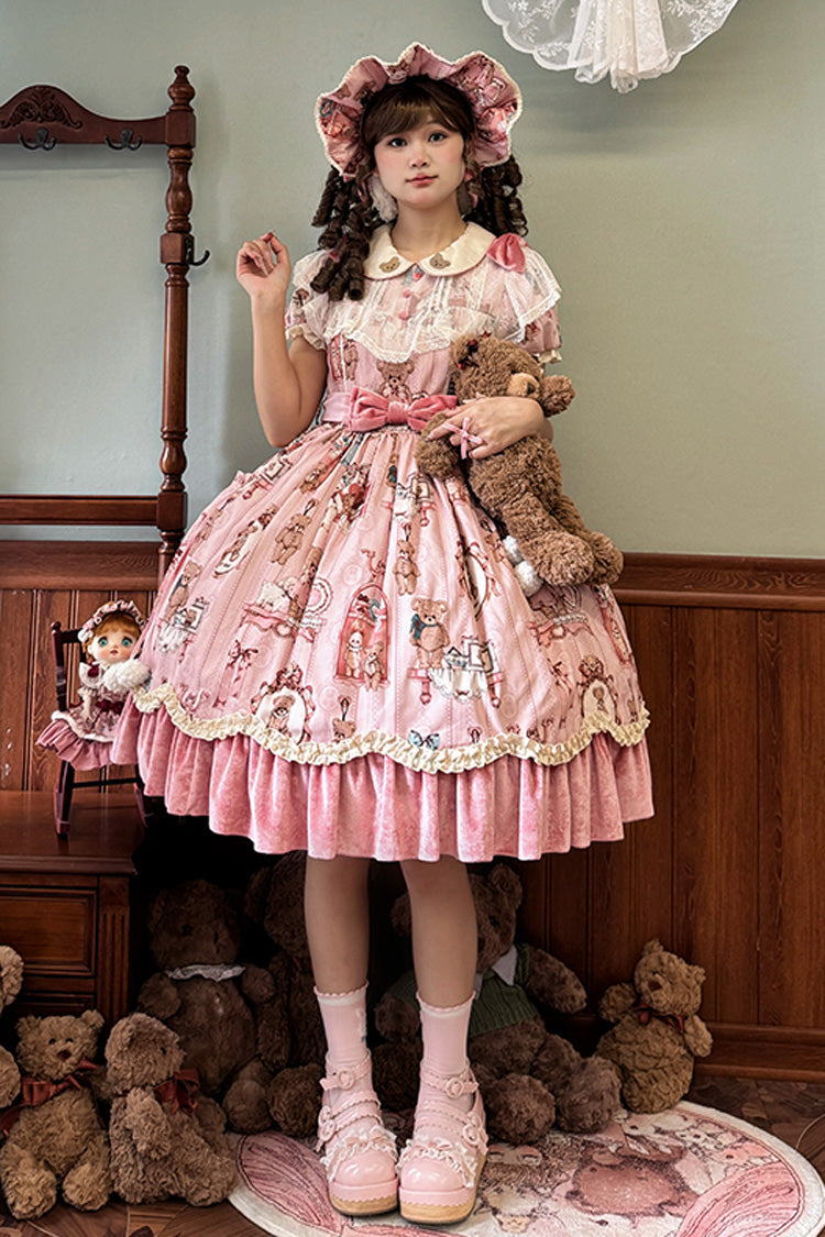 Bear Print Short-Sleeve Ruffled Bow Dress