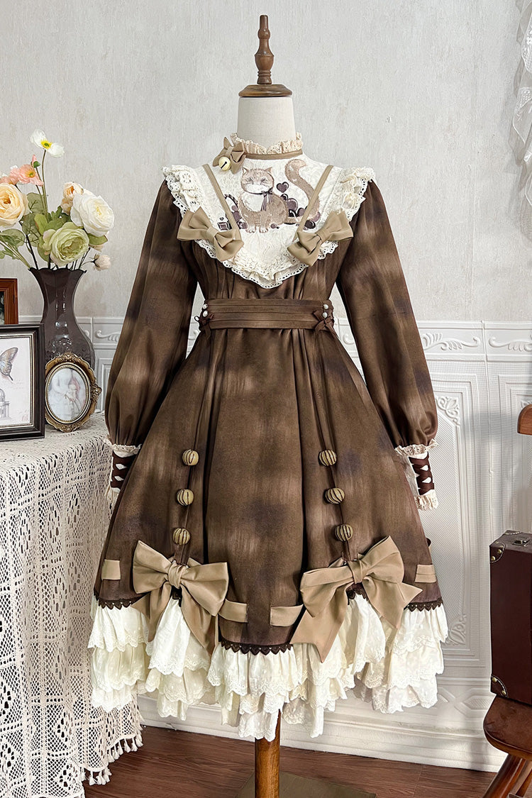 Chocolate Cat Print Long Sleeve Ruffle Bow Sweet Dress