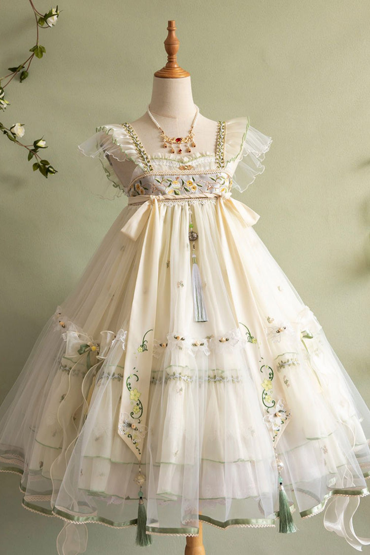 Cream Luo Ling Fu Embroidery Bow Lace Frilled Chinese Style Sweet Lolita JSK Dress
