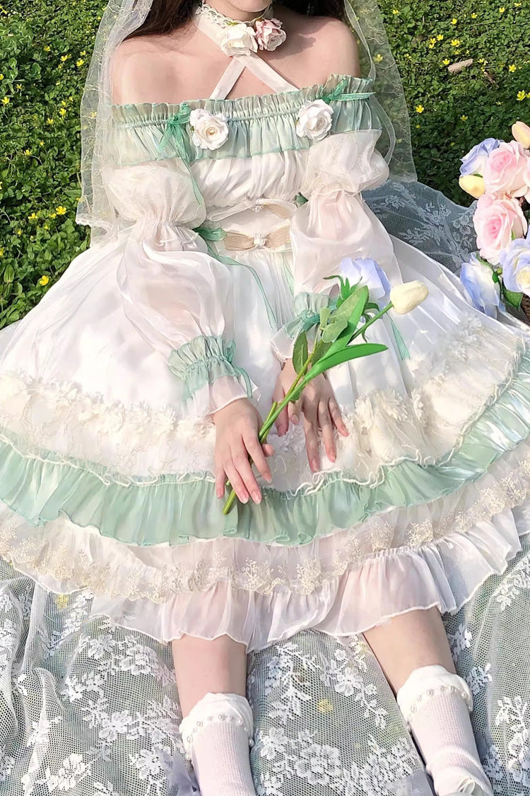 Long Sleeve Multi-Layer Ruffle Bow Lace Lace-Up Sweet Princess Lolita Dress - Green