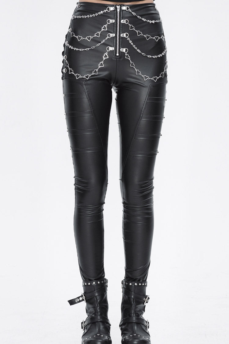 Skinny Faux Leather Punk Pants with Chain Studs for Women