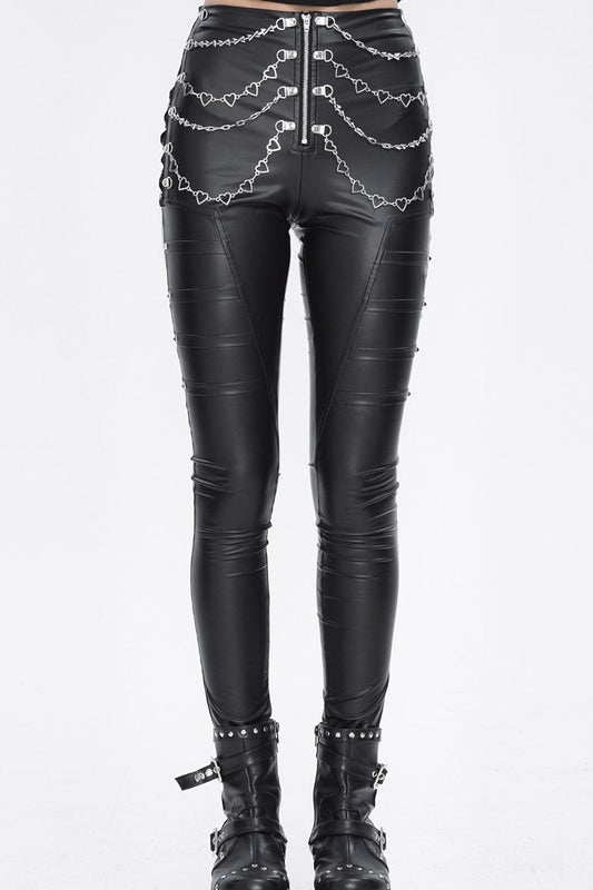 Skinny Faux Leather Punk Pants with Chain Studs for Women