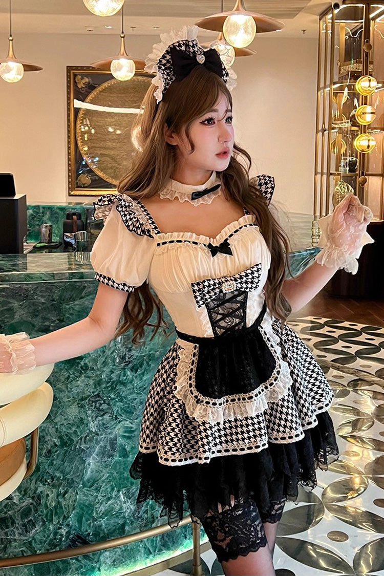 Black/White Square Collar Short Sleeve Print Ruffle Bow Maid Dress