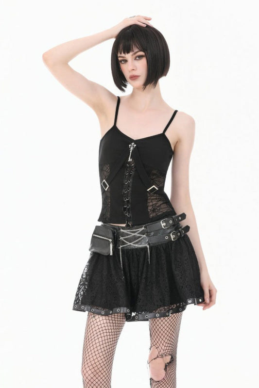 Gothic Mini Skirt with Chain Eyelet Buckled Straps Lace