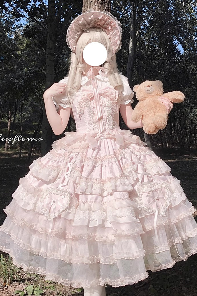 Pink Multi-Layered Ruffled Hanayome Embroidered Bow Lace Sweet JSK - Sweetheart Diary