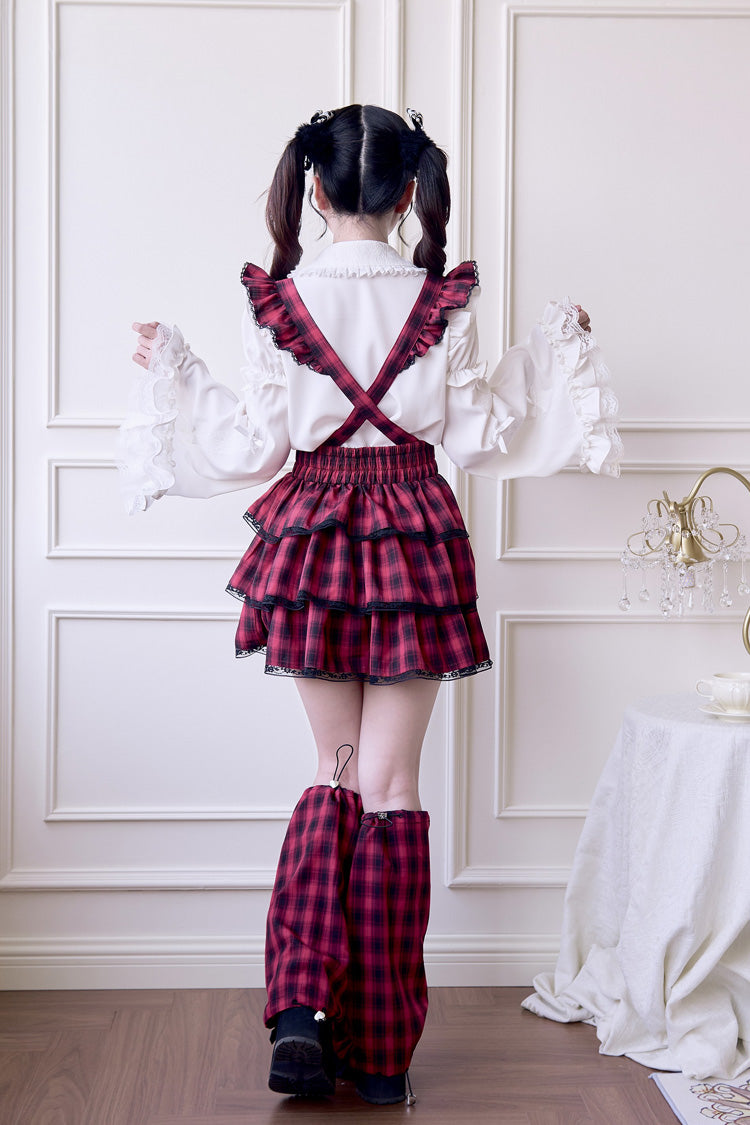 Triple-Layered Plaid Frilly Gothic Jirai Kei Strap Dress - Red