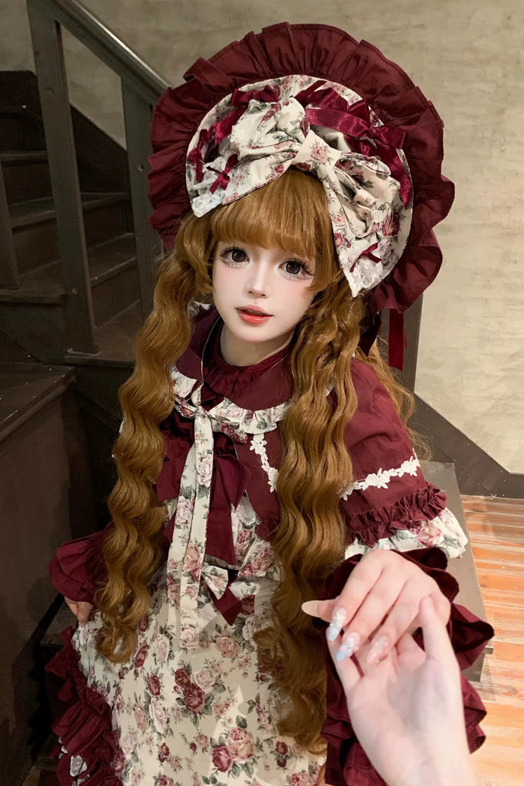Burgundy Off-Shoulder JSK Dress with Ruffled Lace