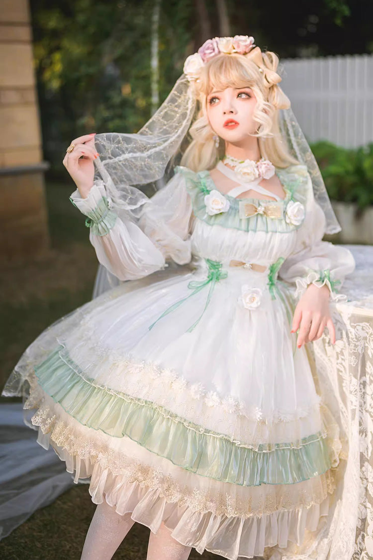 Long Sleeve Multi-Layer Ruffle Bow Lace Lace-Up Sweet Princess Lolita Dress - Green
