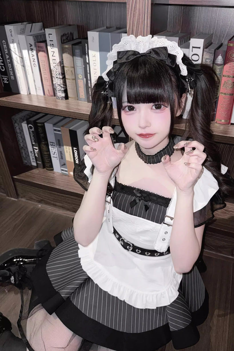 Grey/Black Short Sleeve Stripe Print Ruffle Jirai Kei Dress