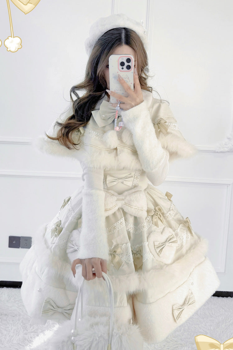 Apricot Princess Tiered Lolita Dress with Double-Layer Bowknot Lace and Cape Detail