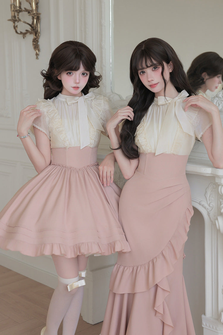 Blush & White Round Collar Short-Sleeve Ruffled Bow Lace Color-Blocked Boned Sweet Lolita Dress