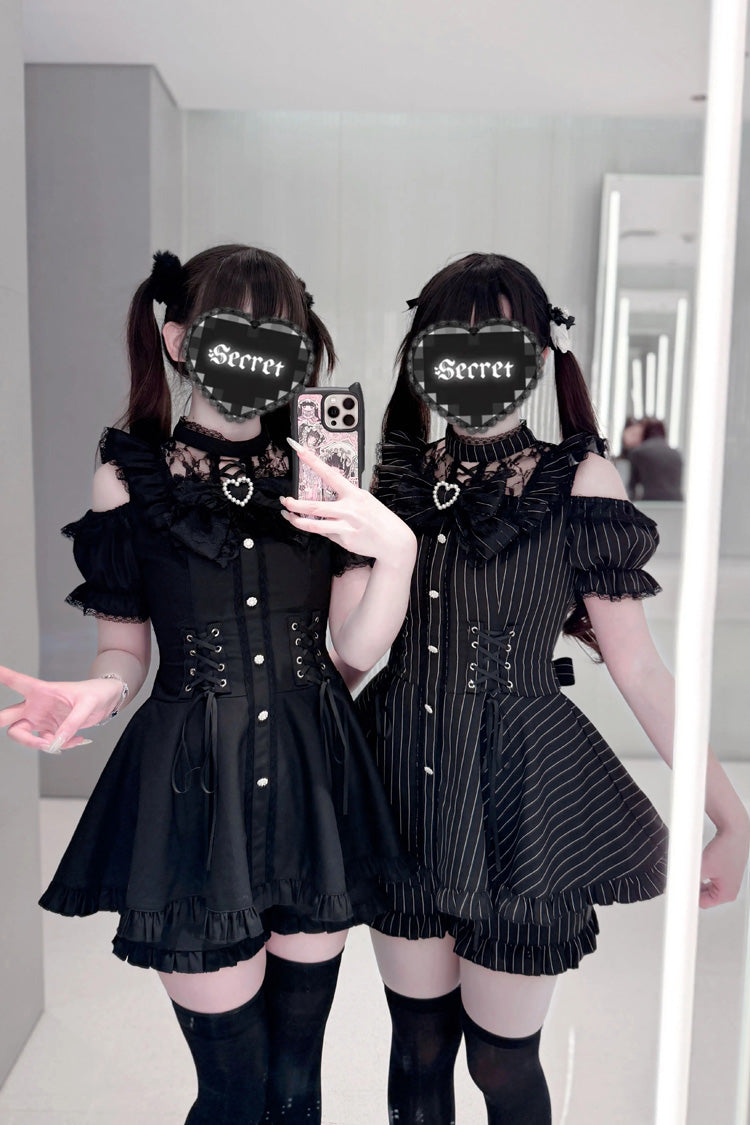 Silver Candle Elegy Gothic Jirai Kei Ruffle Top and Shorts Ensemble