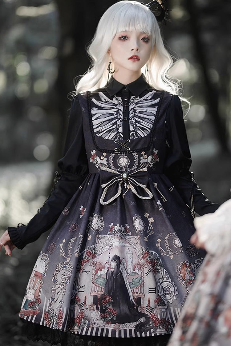 Navy Fairy Tale Print Ruffle Bowknot Gothic Lolita JSK Two-Tone