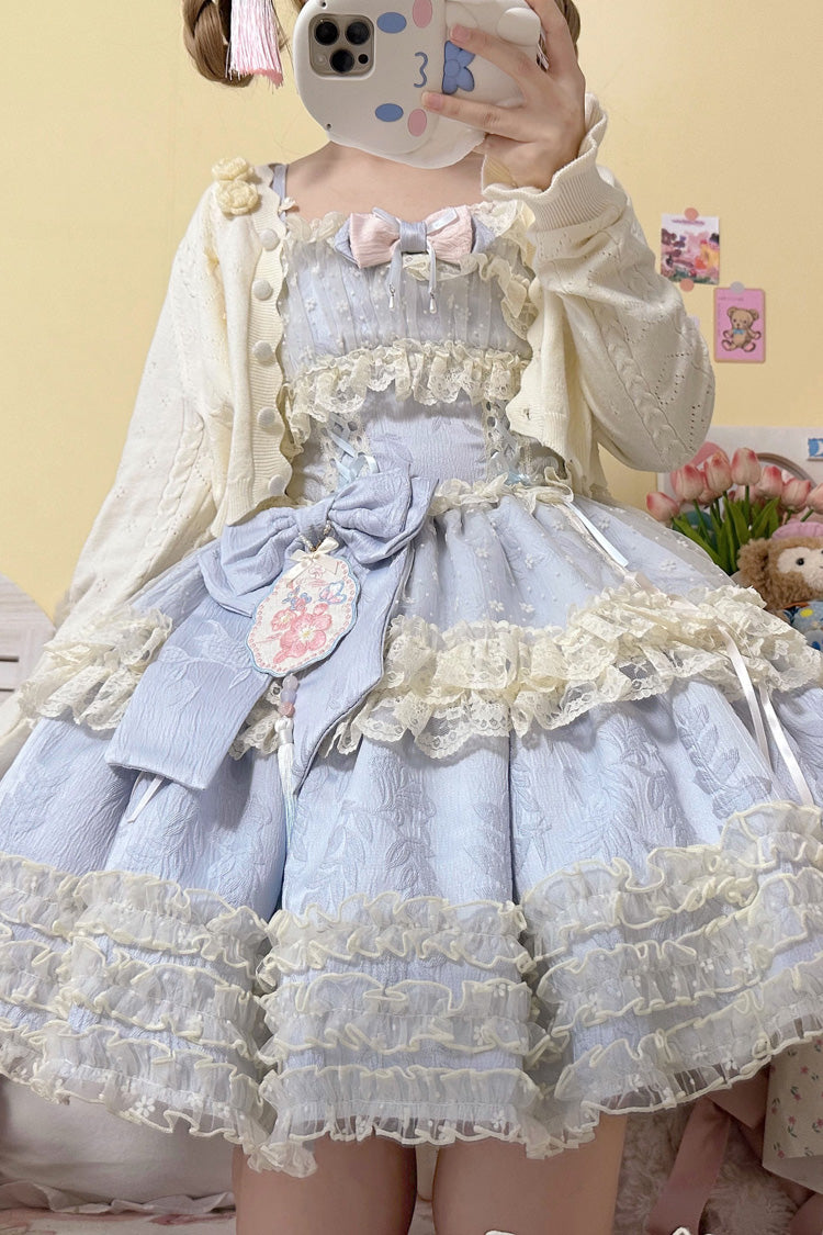 Good Night Peach Sleeveless Multi-Tiered Ruffled Bow Lace Sweet Chinese Style Lolita Jumper Dress Three Colors