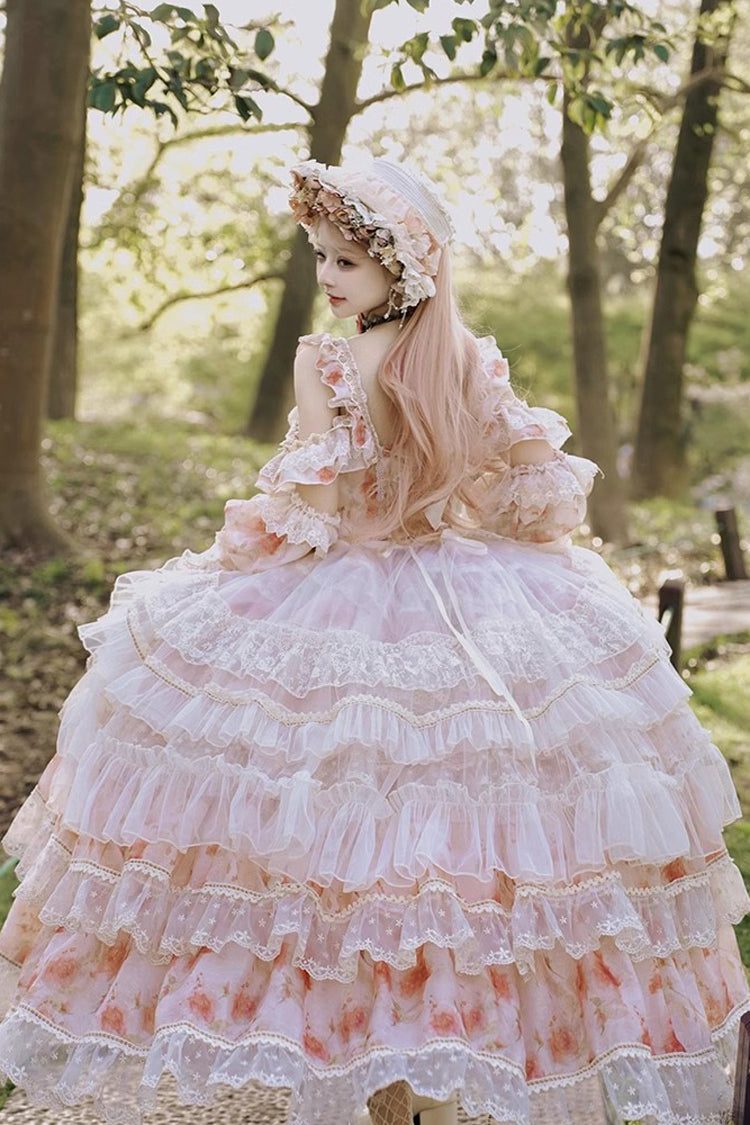 Pink Off-Shoulder Princess Dress with Rose Print and Ruffles