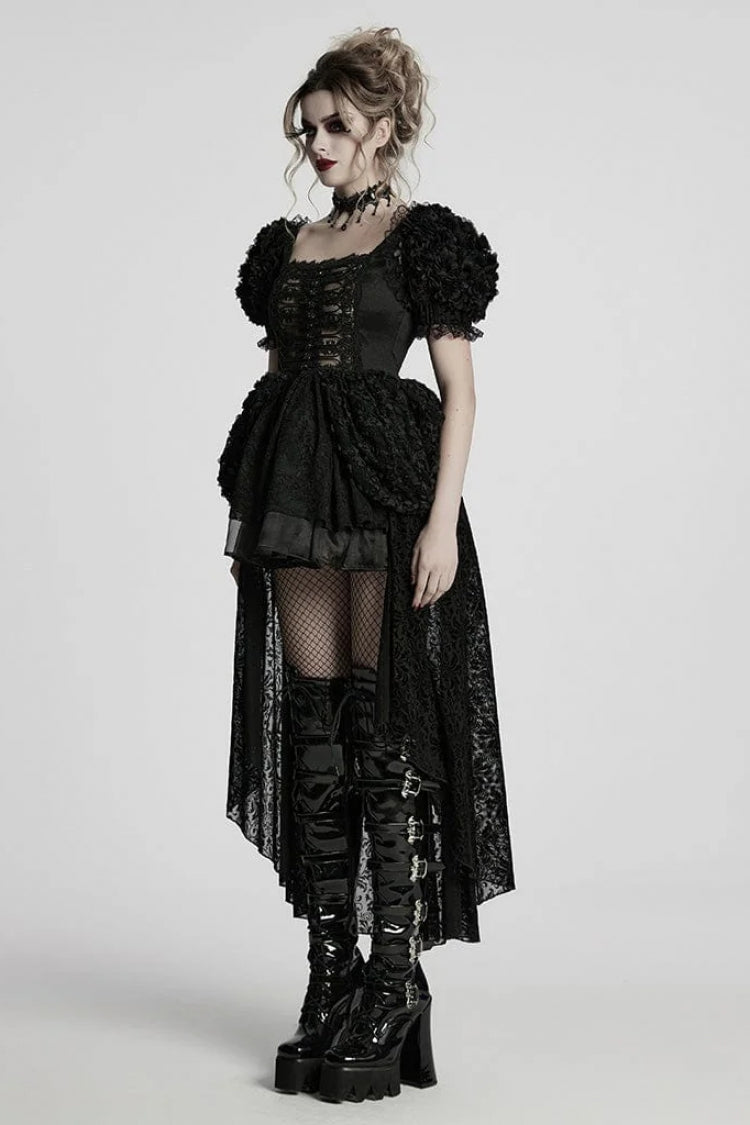 Asymmetric Gothic Mini Dress with Square Collar and Puff Sleeves