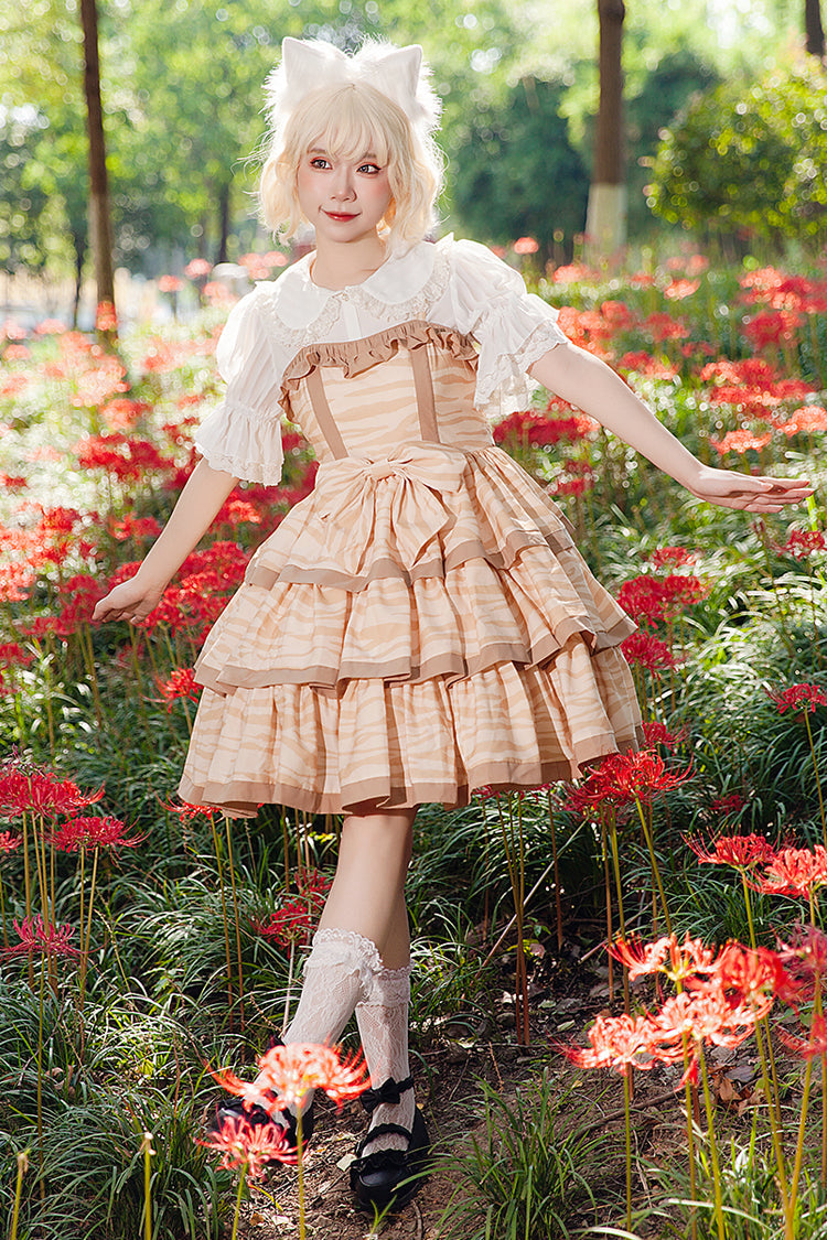 Sweet Apricot Triple-Layer Print Ruffle Bow Lolita Dress