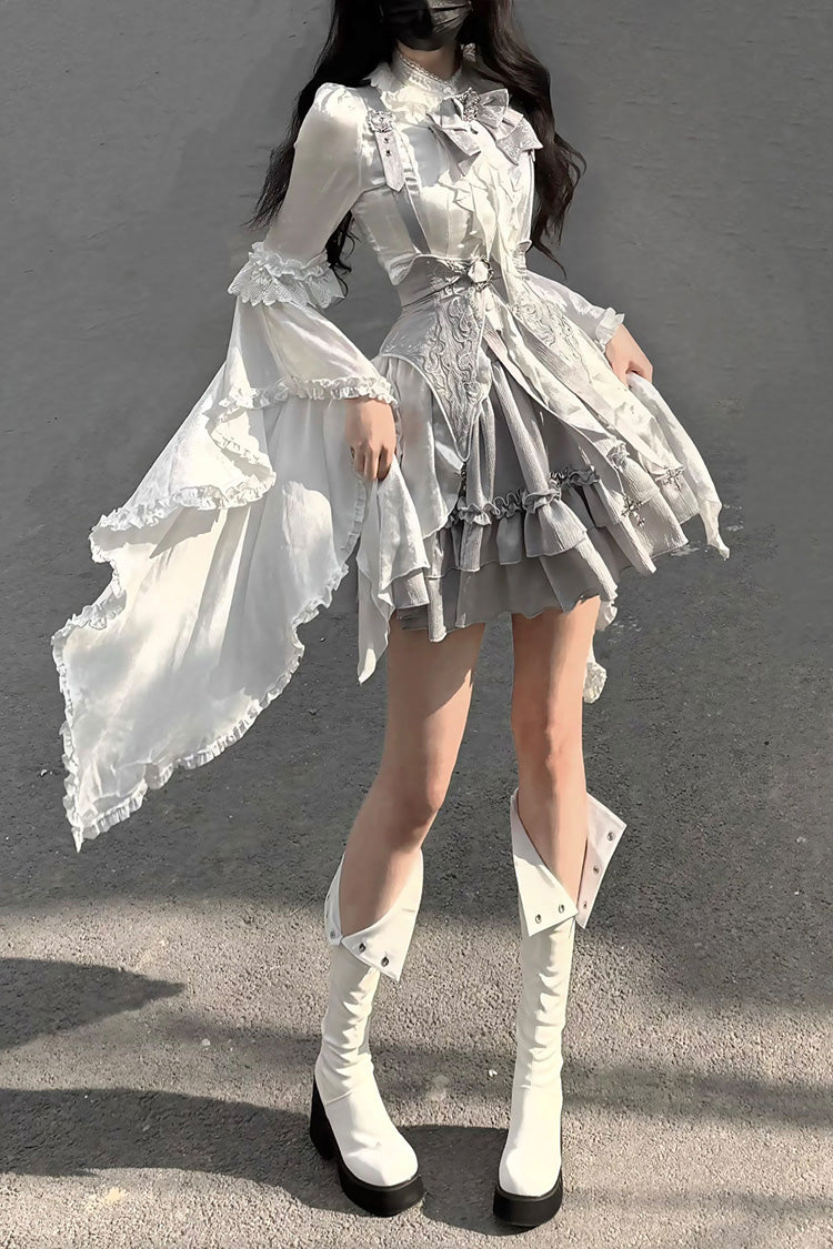 Ivory and Silver Key Embroidered Open-Front Bow Gothic Lolita Skirt Ensemble