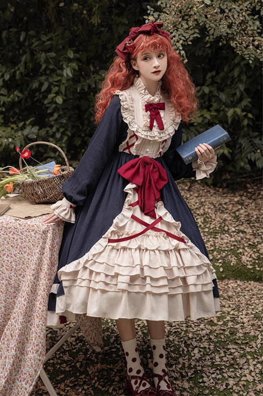 Sapphire Round Collar Long-Sleeve Multi-Tier Ruffled Sweet Lolita One-Piece