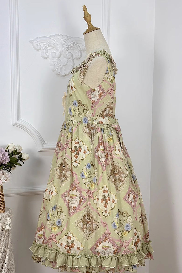 Green Sleeveless Print Ruffle Bowknot Sweet JSK Dress