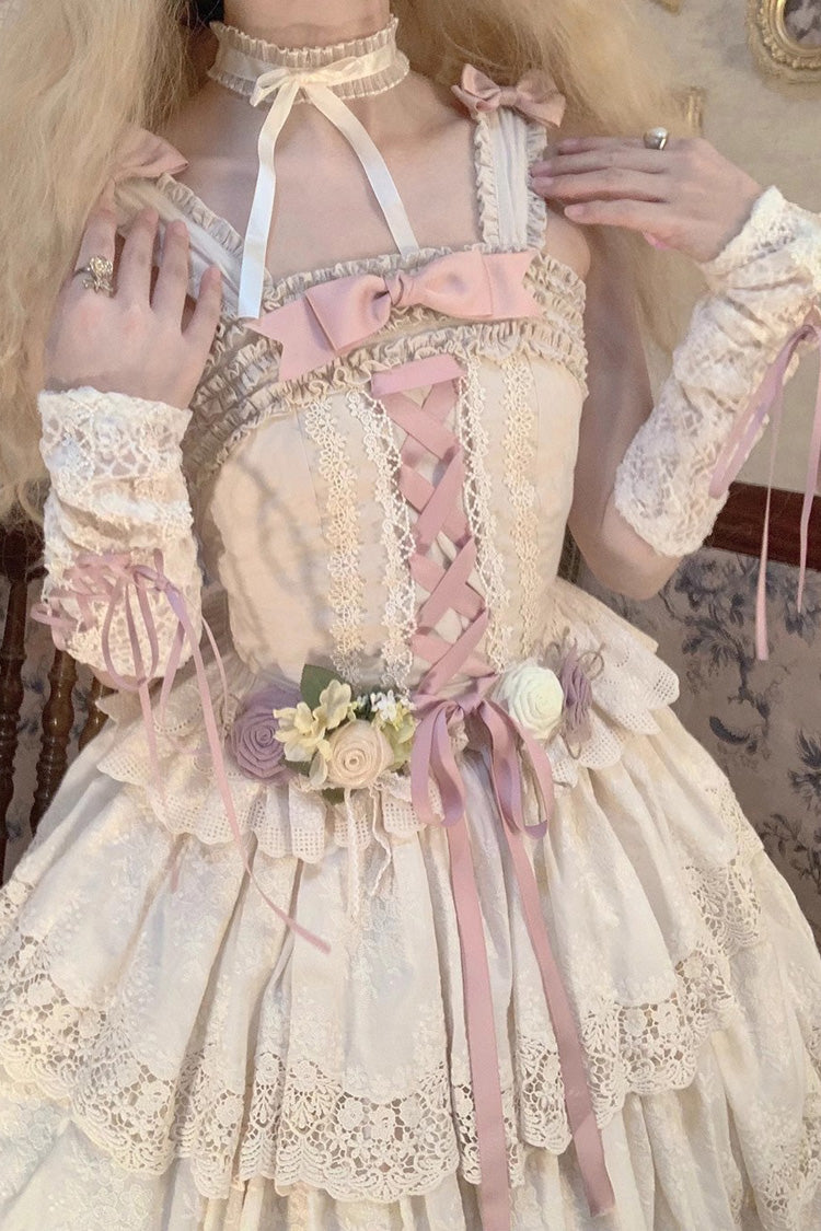 Cream Forest Waltz Embroidery Bow Lace-Up Slim Elegant Sweet Lolita Suspender Top