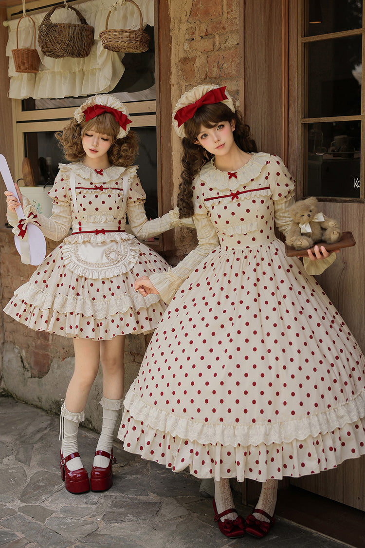 Apricot Sweet Elegant Lolita Dress with Cotton Round Collar Long Lantern Sleeves Polka Dot Print Ruffled Bow Lace