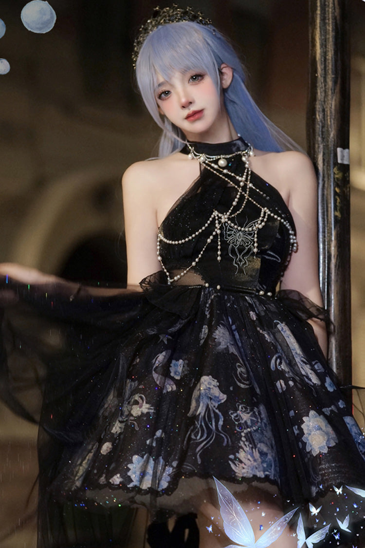 Blue Halterneck Sleeveless Embroidery Bowknot Lace Elegant JSK Dress