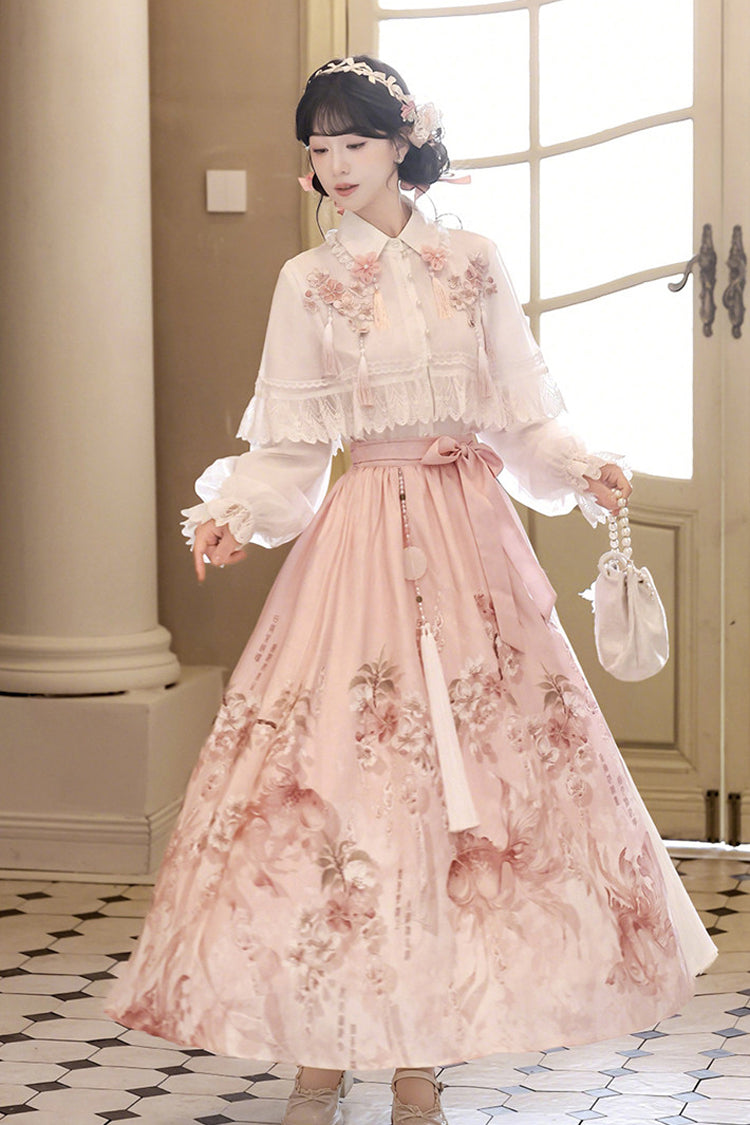 Ivory and Pink Cherry Blossom Rain Lapel Collar Long Sleeve High-Waist Printed Sweet Hanfu Dress Set