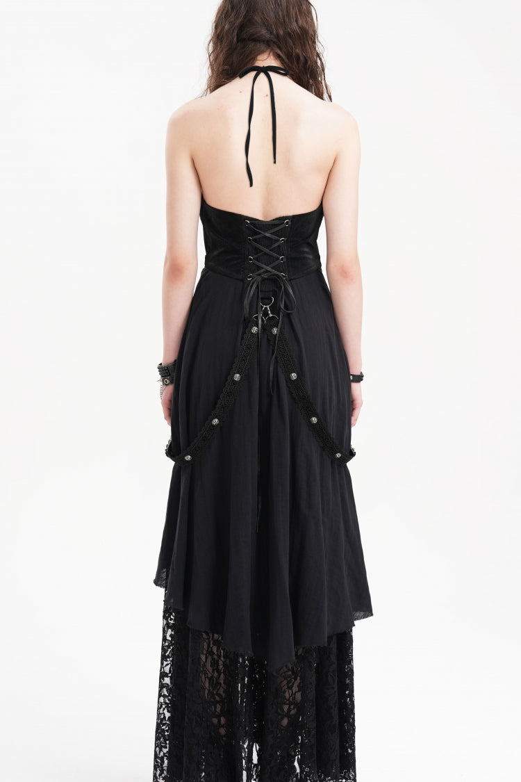 Alluring Black Hollow Lace Halter Gothic Strap Maxi Gown