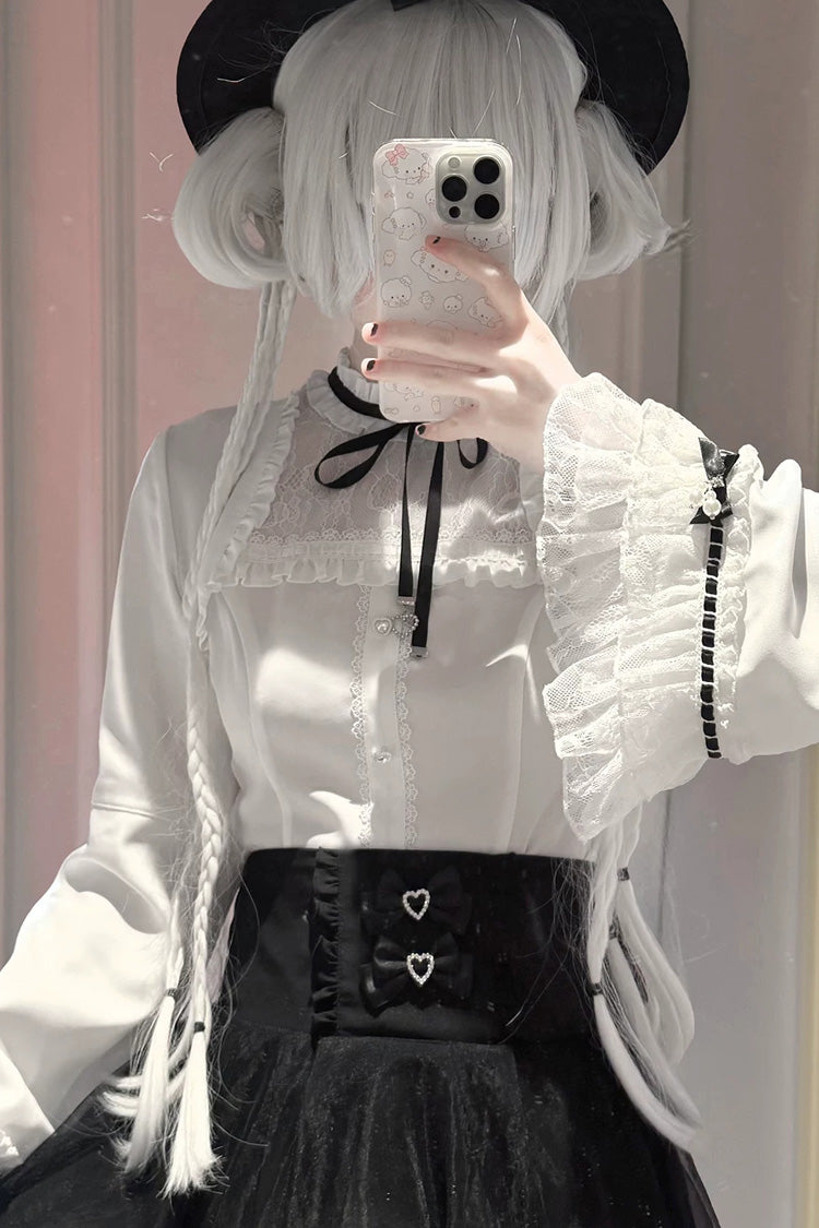 Moonlit Butterfly Lapel Collar Trumpet Sleeve Ruffled Lace Japanese Skirt Set