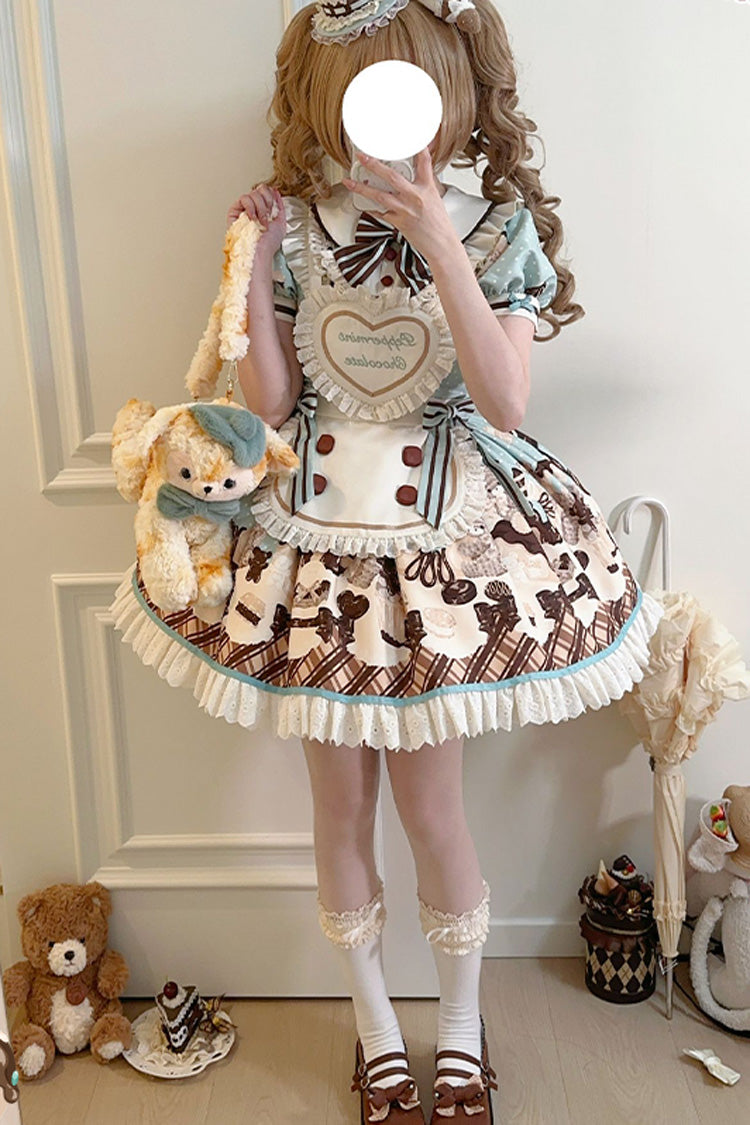 Brown Chocolate Cake Bear Print Ruffled Bow Lace-Up Sweet Dress - Peppermint Chocolate