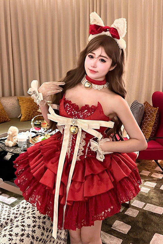 Red Sleeveless Triple-Layered Ruffle Hollow Bow Lace-Up Ballet Dress