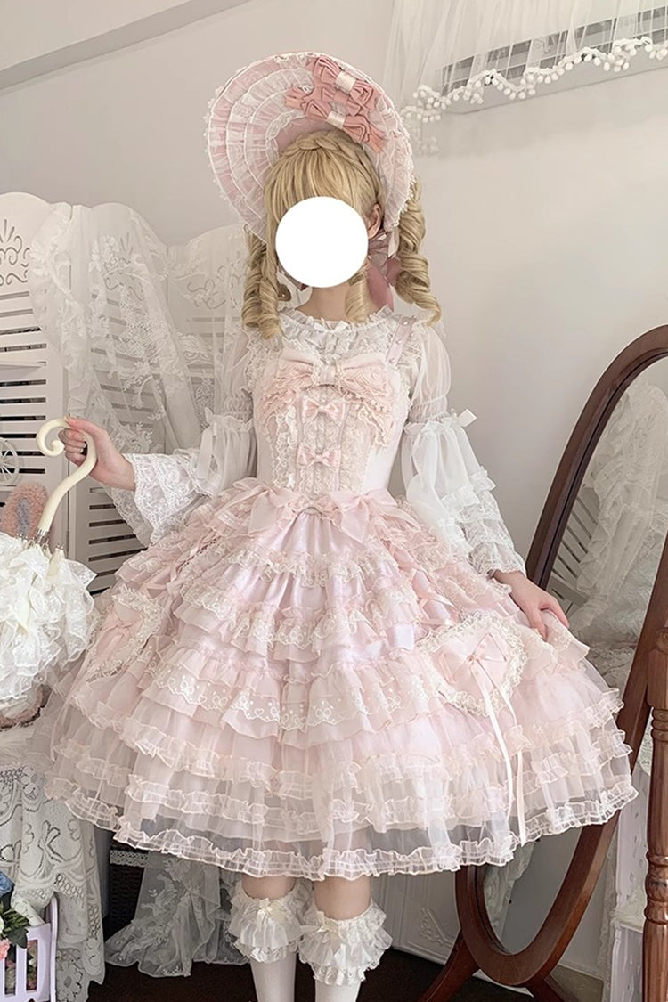 Pink Multi-Layered Ruffled Hanayome Embroidered Bow Lace Sweet JSK - Sweetheart Diary