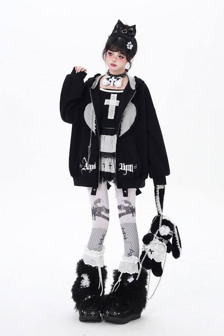 Heart Print Hooded Zipper Coat with Bunny Ears - Striped Bunny Ears