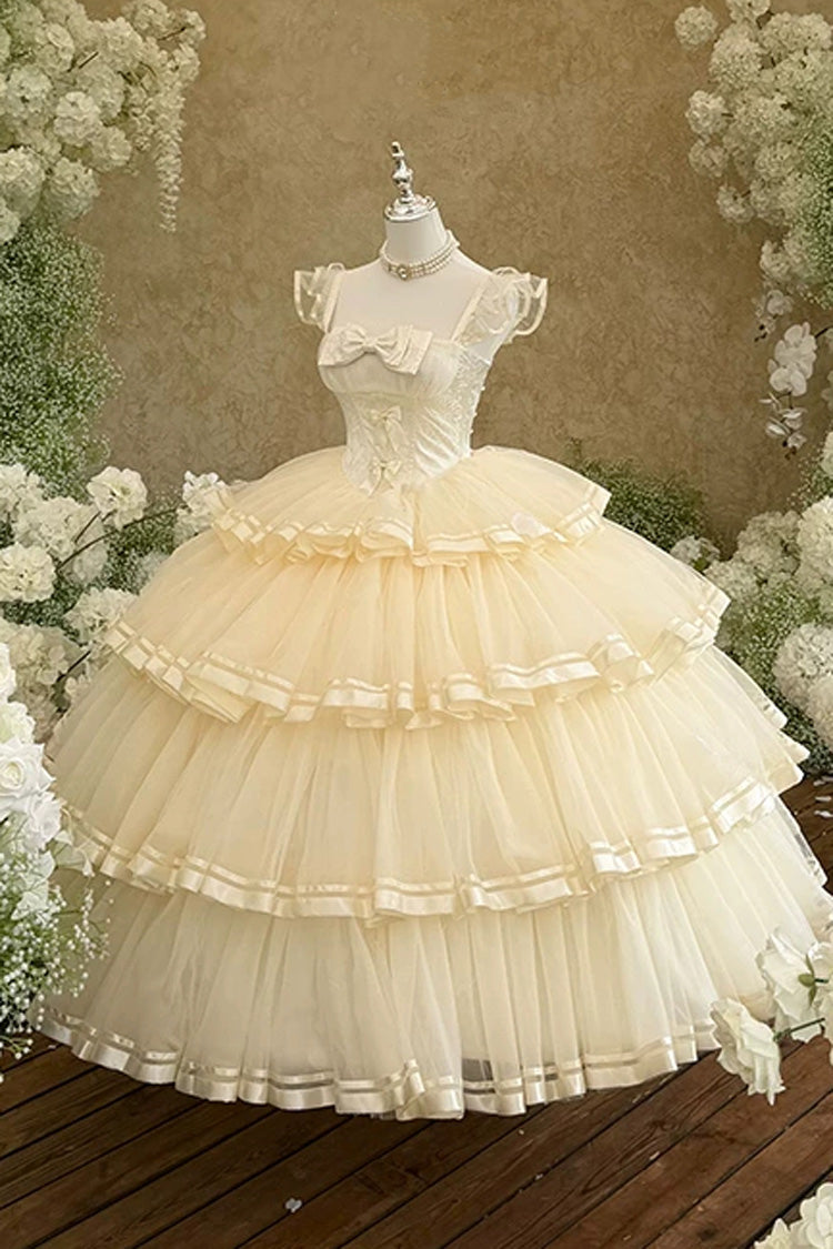 Organza Satin Sleeveless Layered Ruffled Bow Lace Sweet Lolita JSK - Apricot