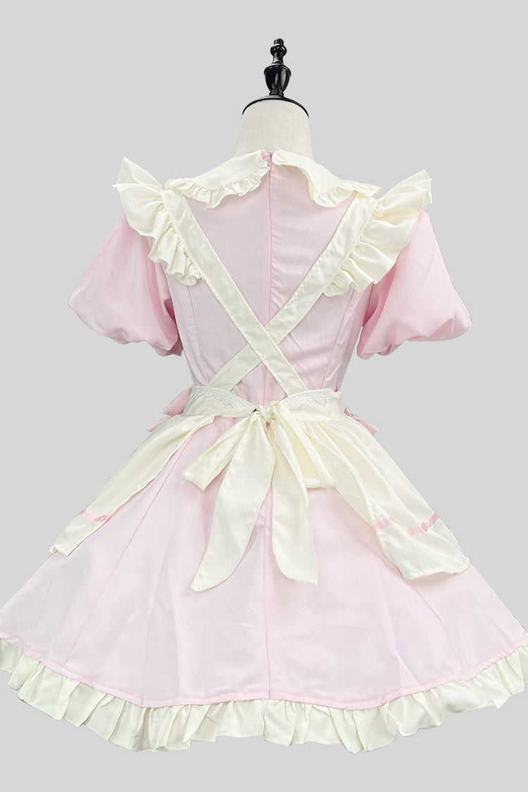 Pink/White Short Sleeve Ruffled Bow Lace Plus Size Maid Dress