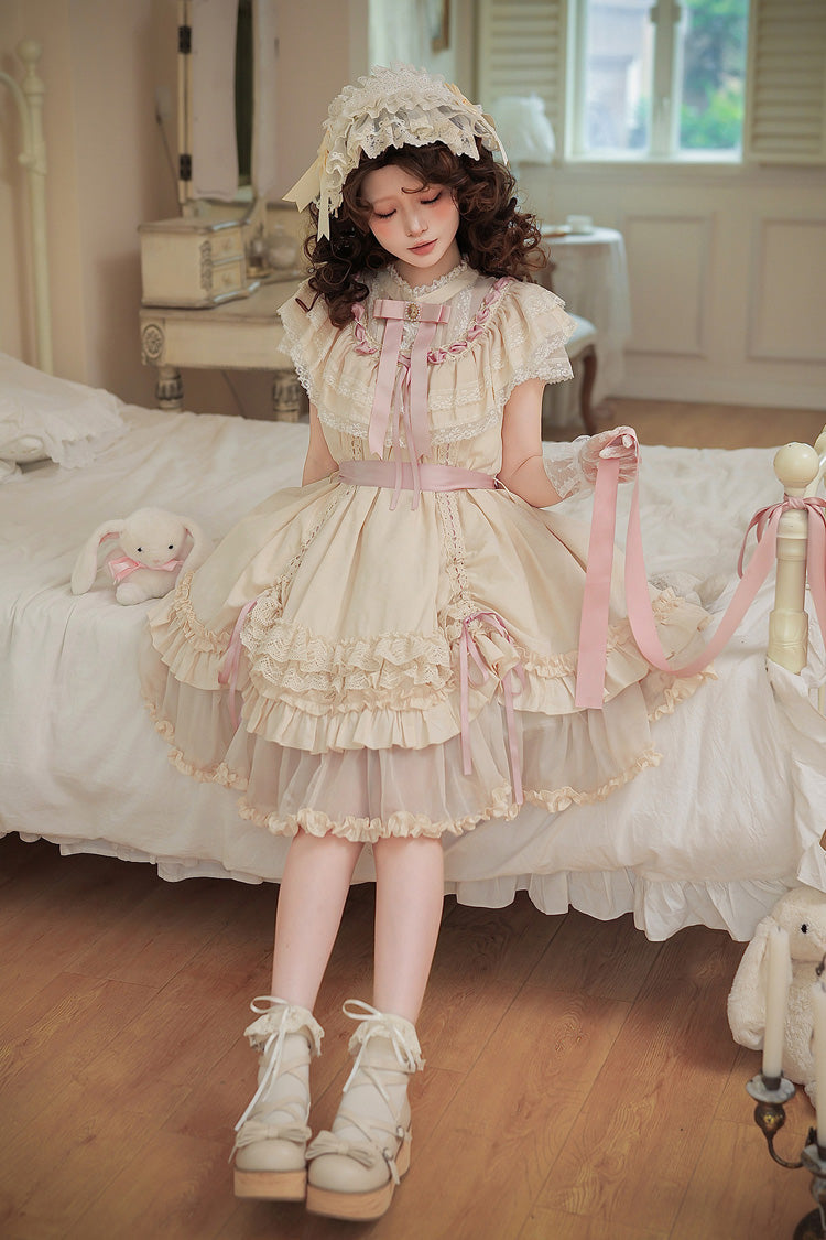 Apricot Sweet Lolita Dress with Stand Collar Short Sleeves Loose Doll-Like Ruffled Bow Lace