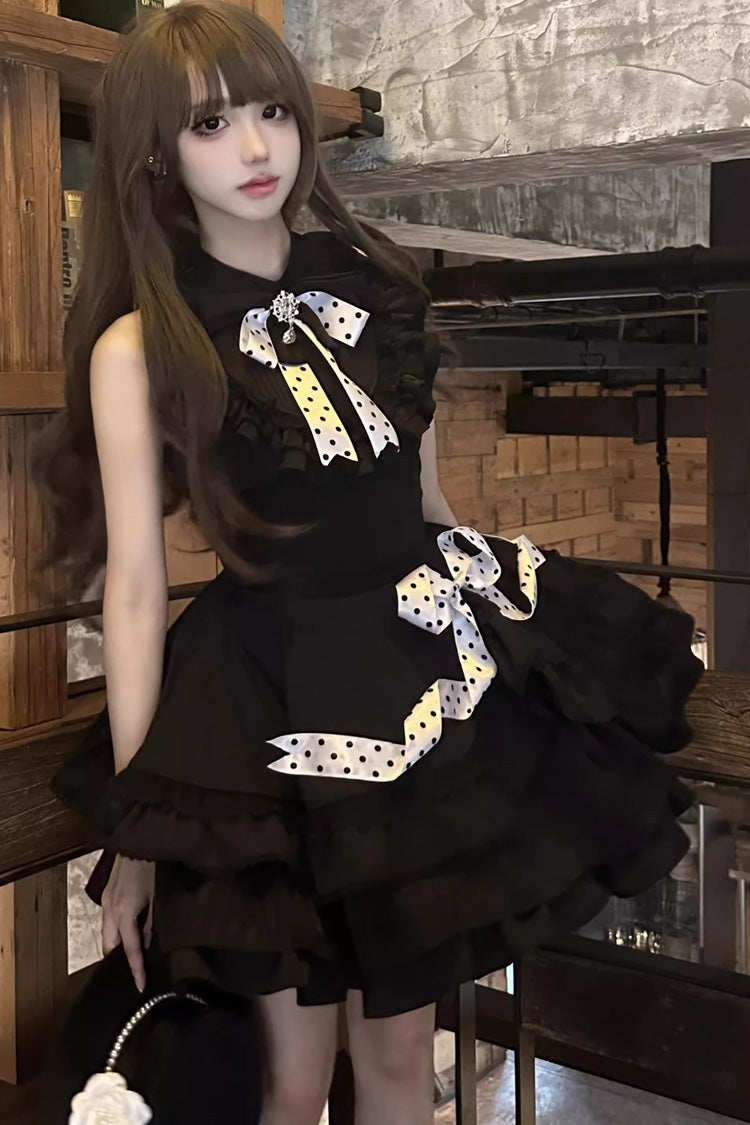 Polka Dot Gothic Lolita Dress with Bow and Ruffles, Black