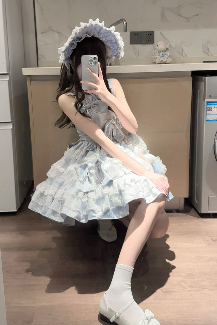 Blue Sweet Gorgeous Lolita JSK Dress with Multi-Layered Ruffle and Bowknot