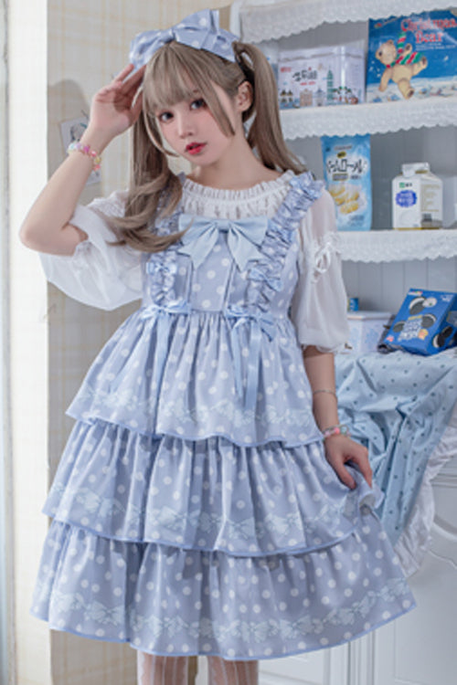 High Waist Polka Dot JSK Dress with Multi-Layer Ruffles