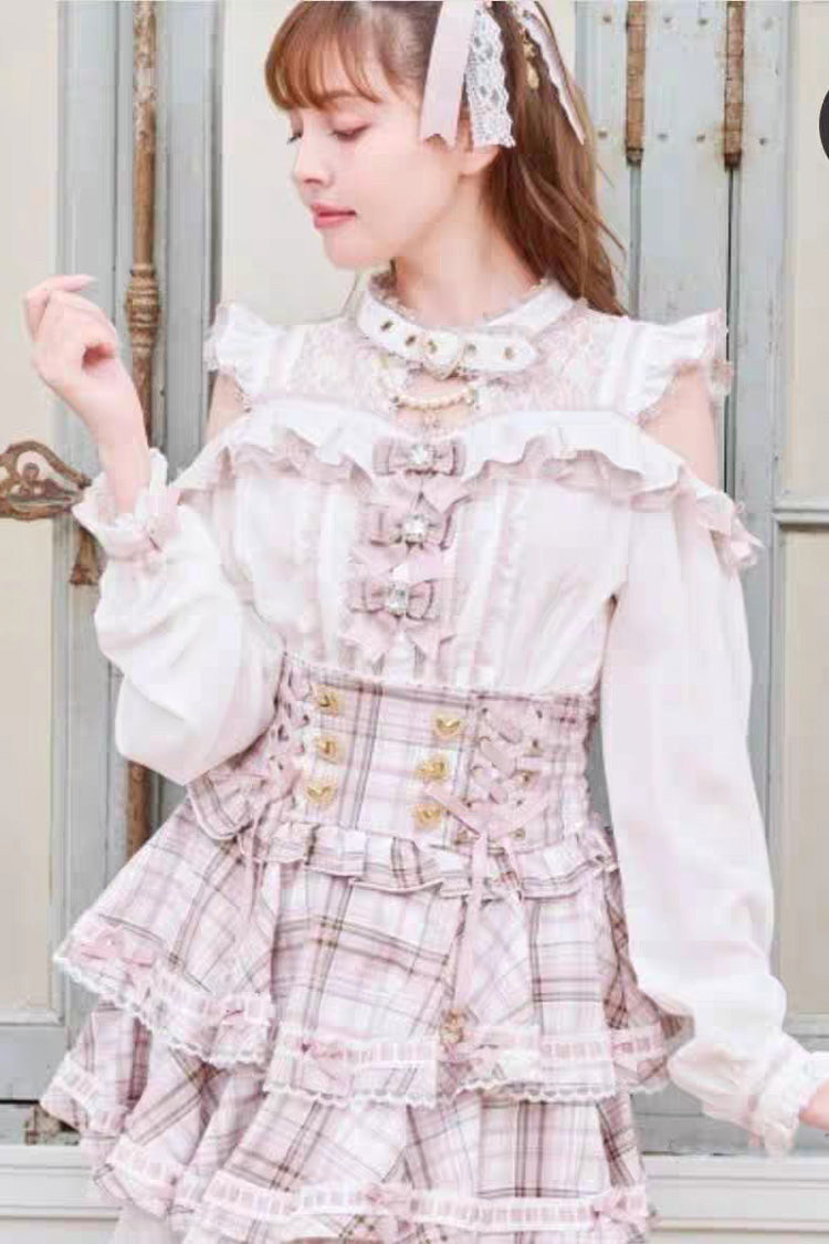 Chic Off-Shoulder Bow-Embellished Lace Blouse with Choker in Three Tones