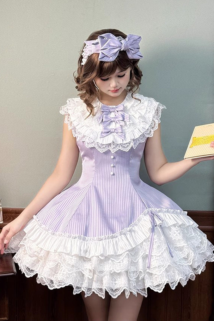 Violet Miss Tsundere Sleeveless Asymmetric Ruffled Bow Lace Princess Dress