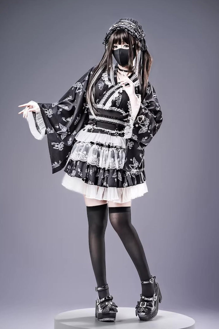 Studded Ruffled Lace Print Gothic Jirai Top and Skirt Set in Three Shades