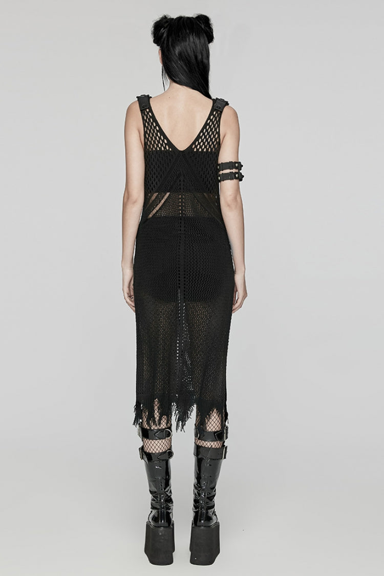Plunging Mesh Gothic Dress with V-Neck and Sleeveless Cut