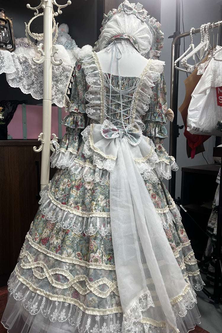 Green Ivory Print Ruffle Bow Lace Classic Vintage Princess Lolita Dress