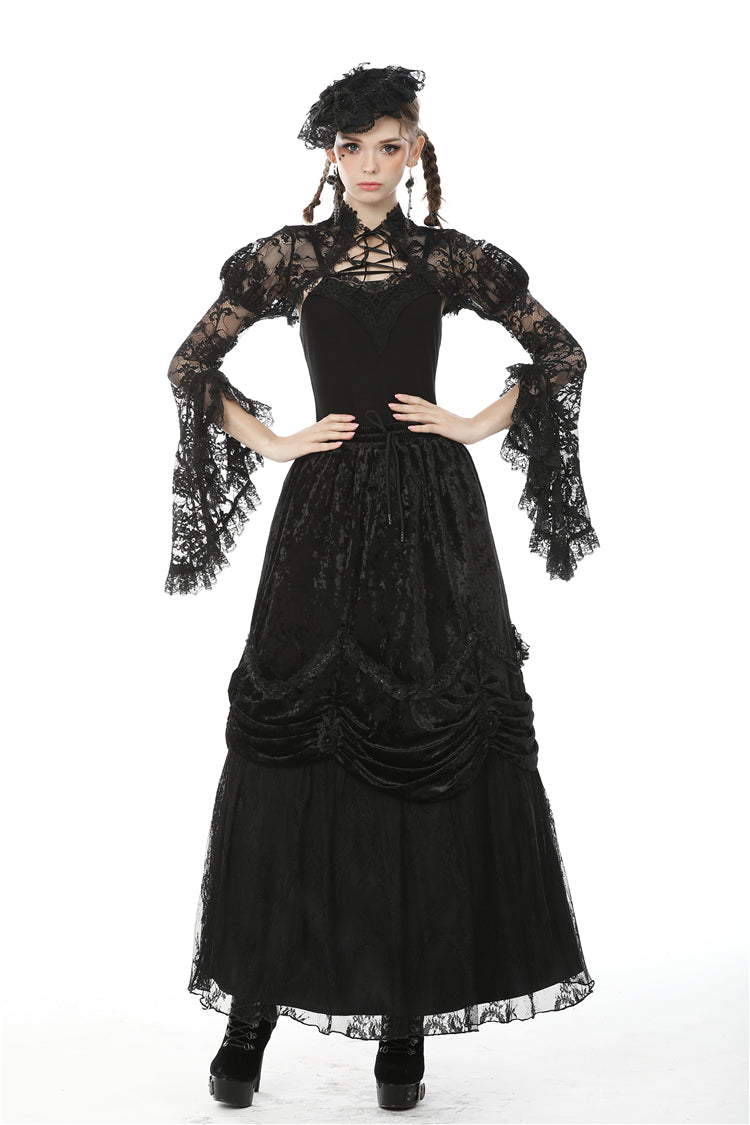 Jet-Black Gothic Cape with Sheer Floral Lace and Lacing for Women