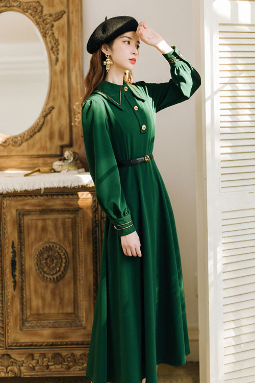 Navy Vintage Lapel Collar High-Waisted Long-Sleeve Classic Lolita Dress