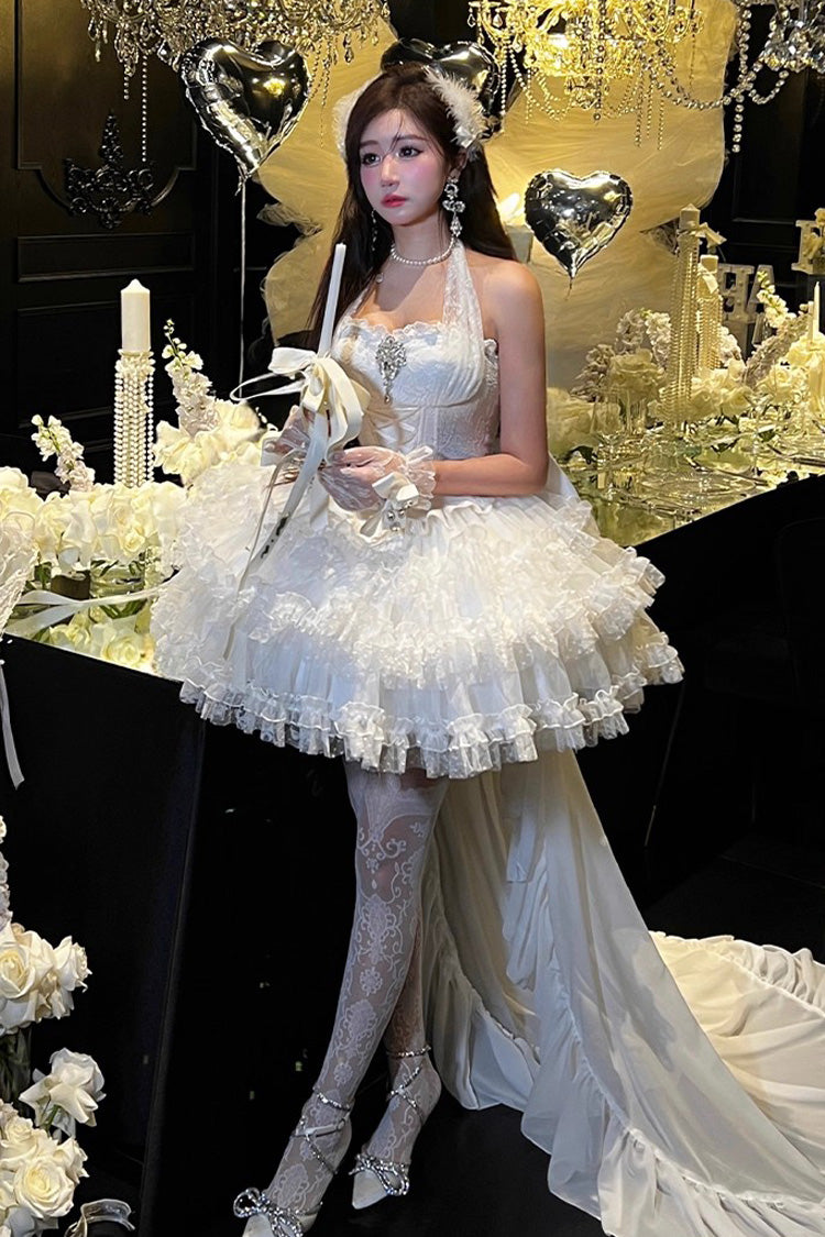 Ivory Princess Dress with Halter Neck and Triple Ruffle Trim - Dream