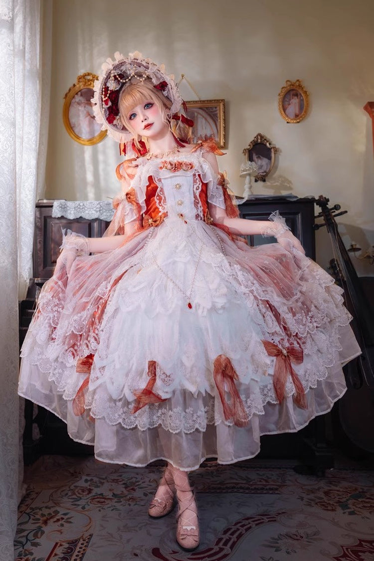 Glazed Phantom Off Shoulder Ruffle Hanayome Bow Lace Elegant Lolita Dress in Red